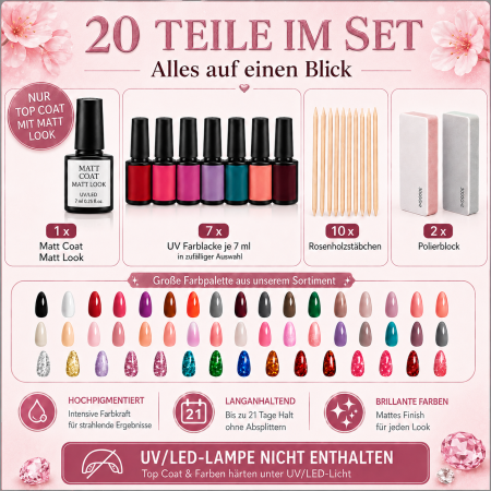 Preview: UV Polish Set " Matt Look " – 20-tlg.  UV Nagellack Set mit mattem Top Coat